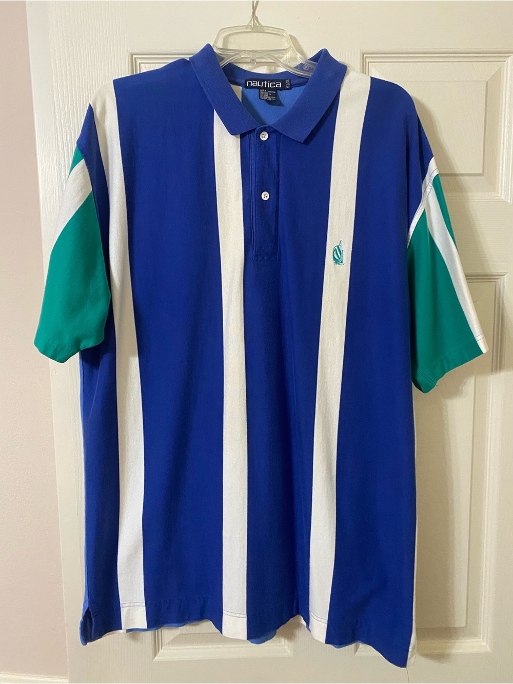 Nautica Blue & White Vertical Stripe Polo with Green Sleeves